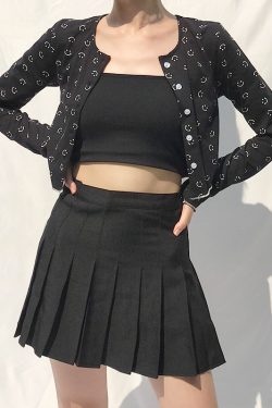 Retro Smiley Face Print Long Sleeve Cardigan T-Shirt Top with Round Neck, High Waist, and Short Hem – Cute Y2K Style Fashion