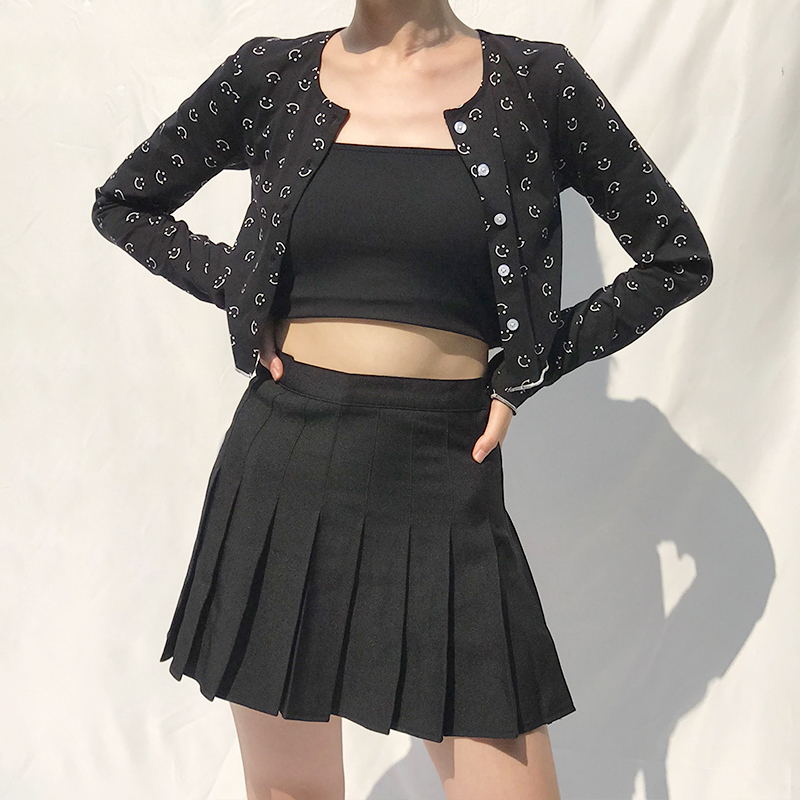 Retro Smiley Face Print Long Sleeve Cardigan T-Shirt Top with Round Neck, High Waist, and Short Hem – Cute Y2K Style Fashion Retro Smiley Face Print Long Sleeve Cardigan T-Shirt Top with Round Neck, High Waist, and Short Hem – Cute Y2K Style Fashion