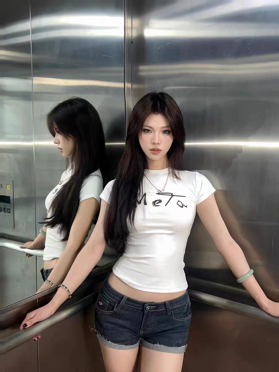 Retro Spicy Girl Letter Print Short Sleeve T-Shirt for Women - Waist-Cinching, Slim-Fit Stretchy Summer Top Retro Spicy Girl Letter Print Short Sleeve T-Shirt for Women - Waist-Cinching, Slim-Fit Stretchy Summer Top