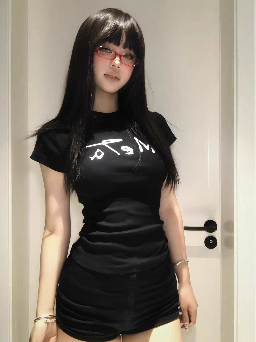 Retro Spicy Girl Letter Print Short Sleeve T-Shirt for Women - Waist-Cinching, Slim-Fit Stretchy Summer Top Retro Spicy Girl Letter Print Short Sleeve T-Shirt for Women - Waist-Cinching, Slim-Fit Stretchy Summer Top