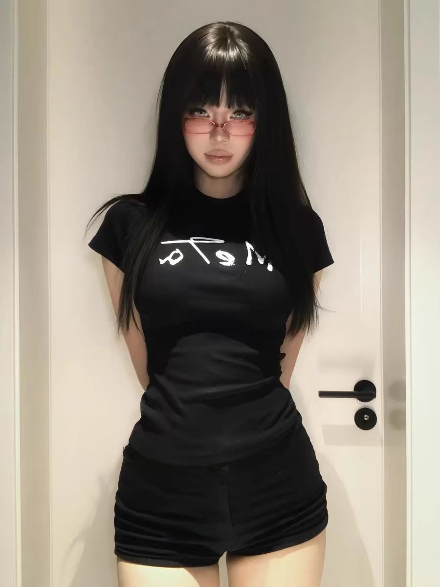 Retro Spicy Girl Letter Print Short Sleeve T-Shirt for Women - Waist-Cinching, Slim-Fit Stretchy Summer Top Retro Spicy Girl Letter Print Short Sleeve T-Shirt for Women - Waist-Cinching, Slim-Fit Stretchy Summer Top