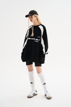 Retro Sports Street Style Loose Round Neck Long Sleeve T-Shirt – Harsh and Cruel Inspired Fashion for 90s and Y2K Vibe