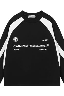 Retro Sports Street Style Loose Round Neck Long Sleeve T-Shirt – Harsh and Cruel Inspired Fashion for 90s and Y2K Vibe