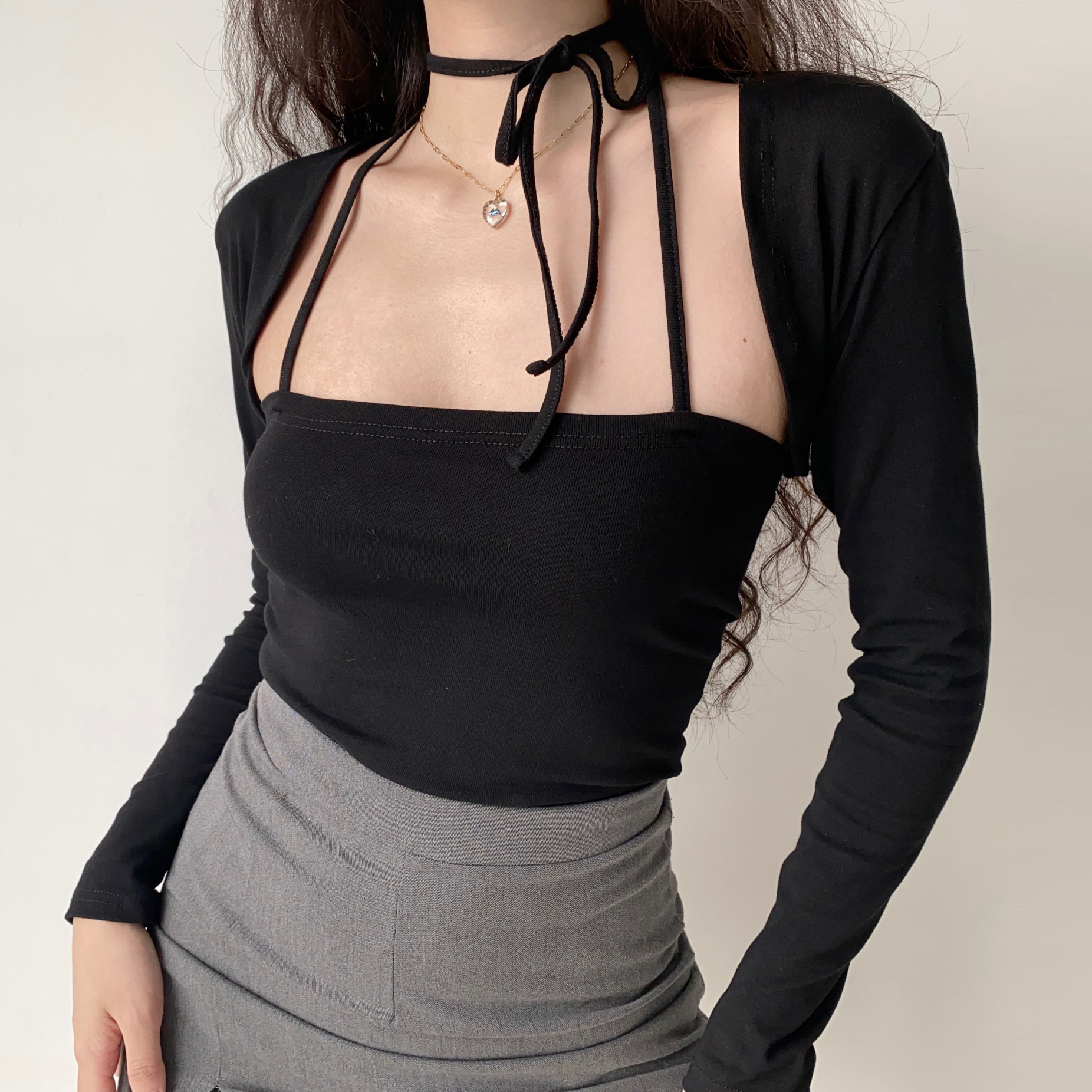 Retro Strapless Halter Tie Crop Top and Short Cardigan Two-Piece Set for Women - European American Style, Slim Fit Retro Strapless Halter Tie Crop Top and Short Cardigan Two-Piece Set for Women - European American Style, Slim Fit