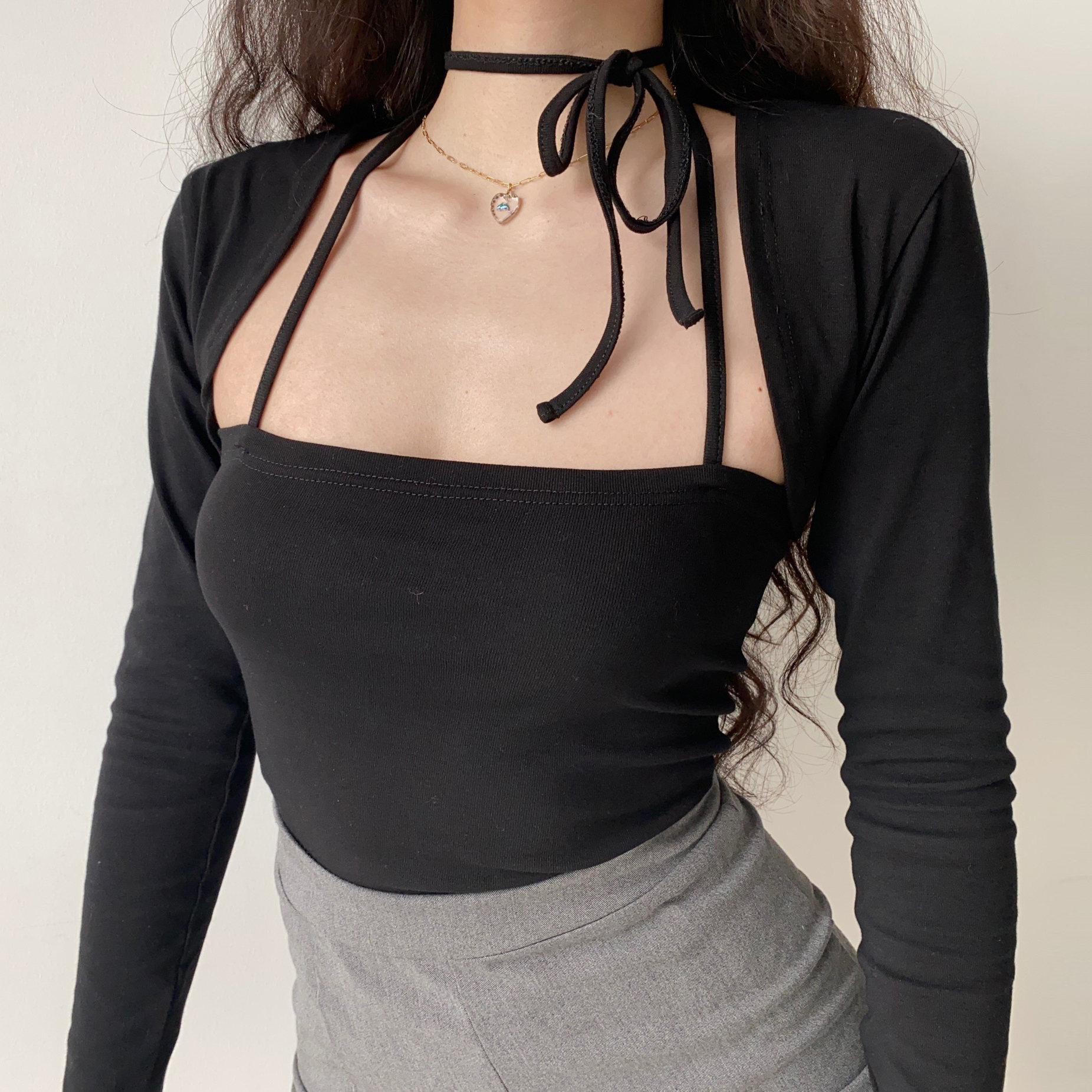 Retro Strapless Halter Tie Crop Top and Short Cardigan Two-Piece Set for Women - European American Style, Slim Fit Retro Strapless Halter Tie Crop Top and Short Cardigan Two-Piece Set for Women - European American Style, Slim Fit