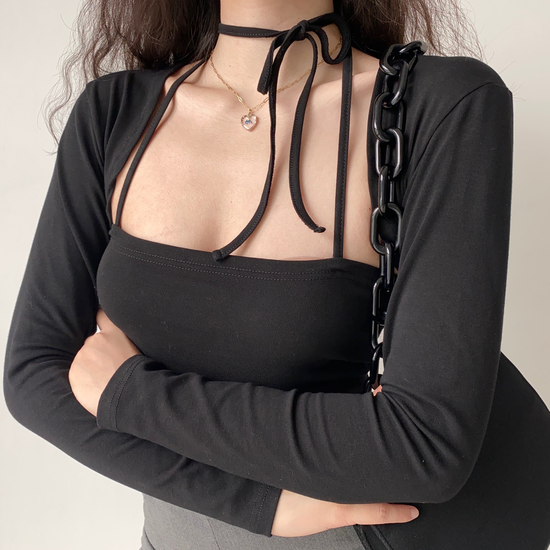 Retro Strapless Halter Tie Crop Top and Short Cardigan Two-Piece Set for Women - European American Style, Slim Fit Retro Strapless Halter Tie Crop Top and Short Cardigan Two-Piece Set for Women - European American Style, Slim Fit