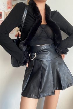 Retro V-Neck Tie Cute Fur Collar Spliced High-Waisted Short Cardigan Jacket for Women - 90s Inspired Fashion