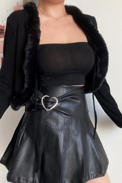 Retro V-Neck Tie Cute Fur Collar Spliced High-Waisted Short Cardigan Jacket for Women - 90s Inspired Fashion