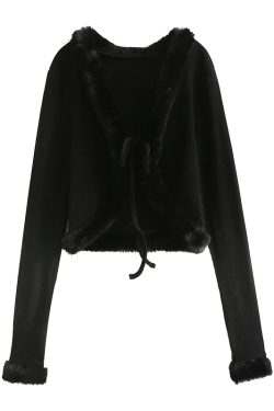 Retro V-Neck Tie Cute Fur Collar Spliced High-Waisted Short Cardigan Jacket for Women - 90s Inspired Fashion