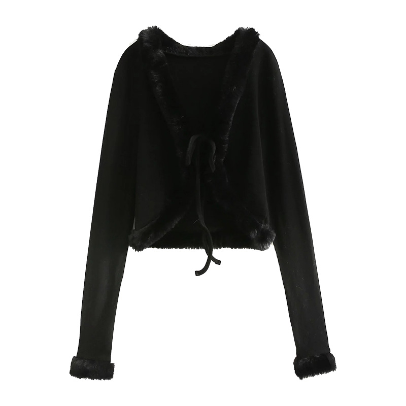 Retro V-Neck Tie Cute Fur Collar Spliced High-Waisted Short Cardigan Jacket for Women - 90s Inspired Fashion Retro V-Neck Tie Cute Fur Collar Spliced High-Waisted Short Cardigan Jacket for Women - 90s Inspired Fashion