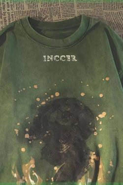 Retro Vintage Distressed Green Short Sleeve T-Shirt for Women - Trendy Summer Base Top in European and American Style