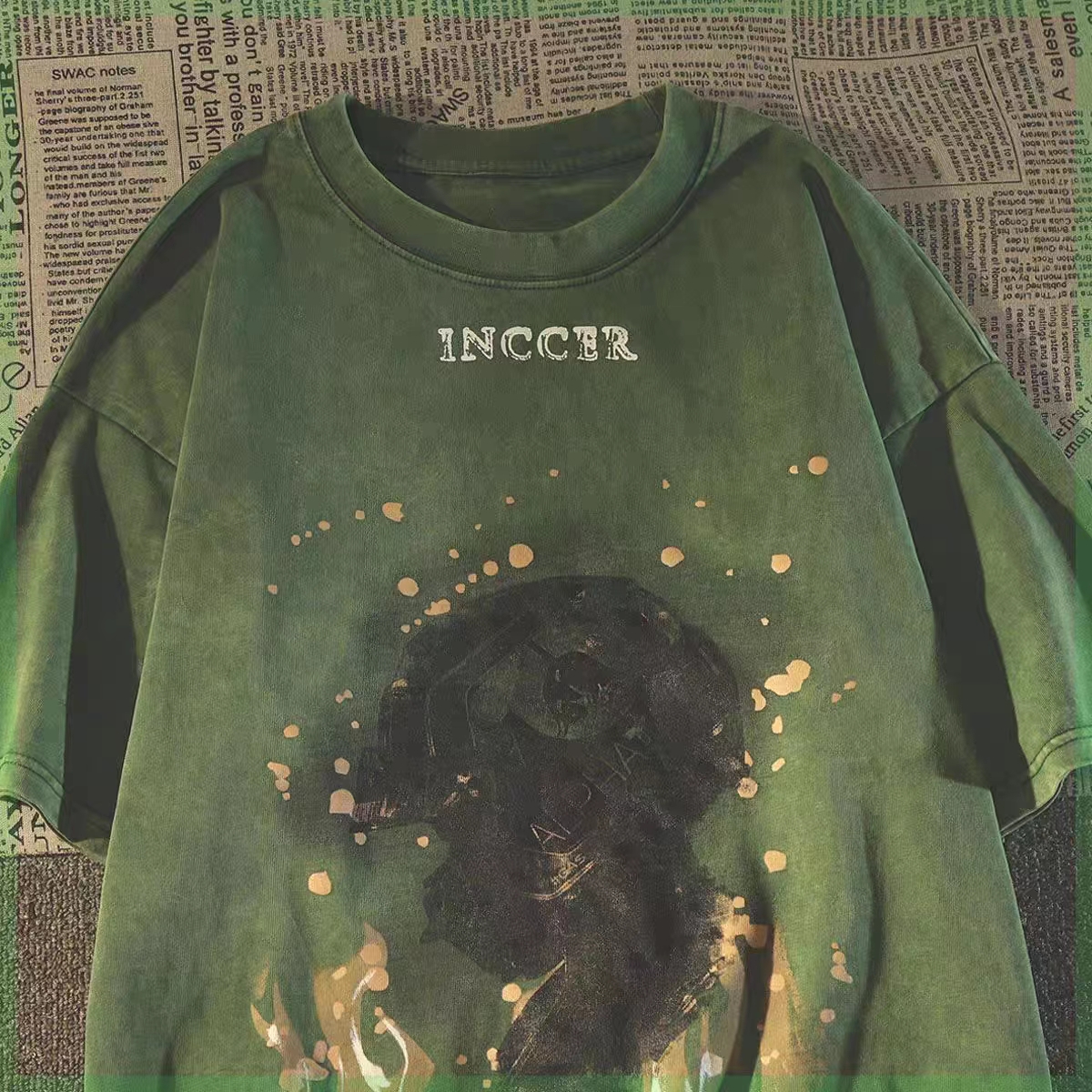 Retro Vintage Distressed Green Short Sleeve T-Shirt for Women - Trendy Summer Base Top in European and American Style Retro Vintage Distressed Green Short Sleeve T-Shirt for Women - Trendy Summer Base Top in European and American Style