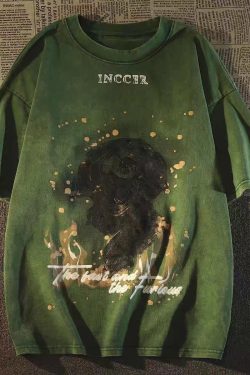 Retro Vintage Distressed Green Short Sleeve T-Shirt for Women - Trendy Summer Base Top in European and American Style