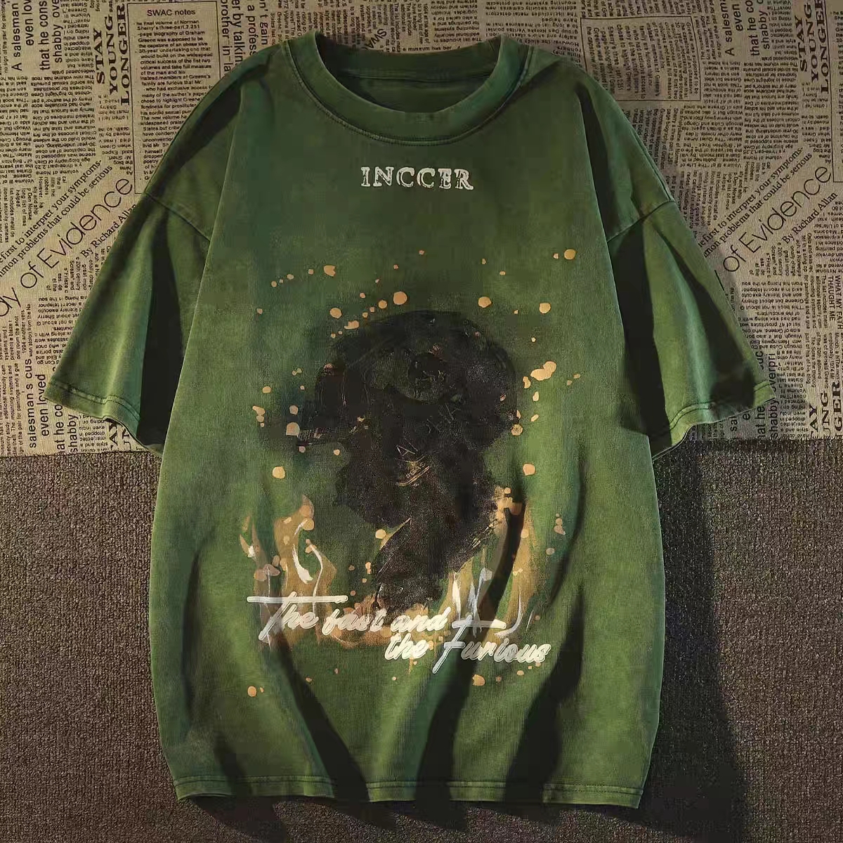 Retro Vintage Distressed Green Short Sleeve T-Shirt for Women - Trendy Summer Base Top in European and American Style Retro Vintage Distressed Green Short Sleeve T-Shirt for Women - Trendy Summer Base Top in European and American Style