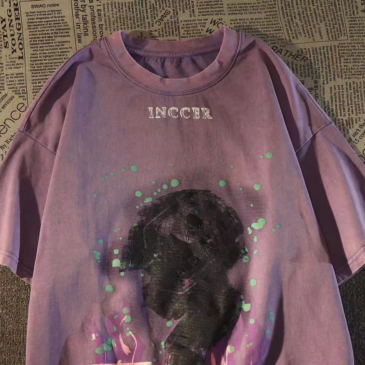 Retro Vintage Distressed Green Short Sleeve T-Shirt for Women - Trendy Summer Base Top in European and American Style Retro Vintage Distressed Green Short Sleeve T-Shirt for Women - Trendy Summer Base Top in European and American Style