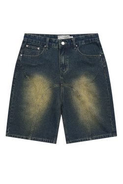 Retro Washed Pleated Straight-Leg Denim Shorts - Harsh Street Style Inspired, 90s Vintage Look