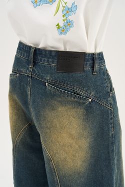 Retro Washed Pleated Straight-Leg Denim Shorts - Harsh Street Style Inspired, 90s Vintage Look