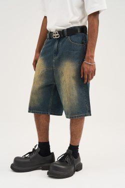 Retro Washed Pleated Straight-Leg Denim Shorts - Harsh Street Style Inspired, 90s Vintage Look