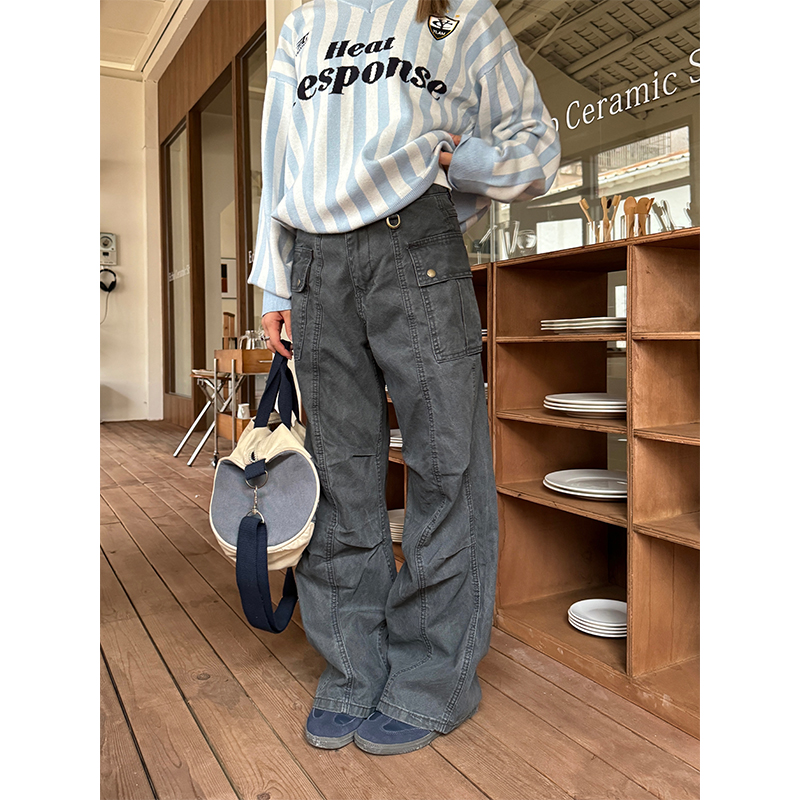 Retro Washed Vintage Multi-Pocket Straight-Leg Work Pants for Men and Women - Loose American Street Casual Style Retro Washed Vintage Multi-Pocket Straight-Leg Work Pants for Men and Women - Loose American Street Casual Style