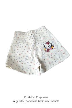 Retro White Denim Bow Shorts for Women - Cute Cat & Cherry Print, Wide-Leg Hot Pants, Trendy 90s Style