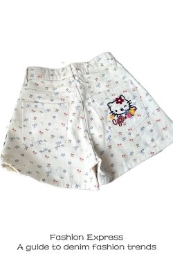 Retro White Denim Bow Shorts for Women - Cute Cat & Cherry Print, Wide-Leg Hot Pants, Trendy 90s Style