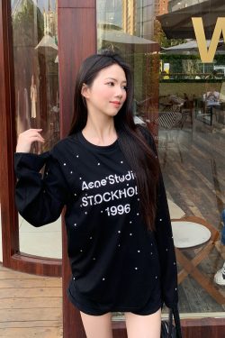 Rhinestone Letter Long Sleeve T-Shirt for Women - Loose Fit High Street Style Sun Protection Cover-Up Top