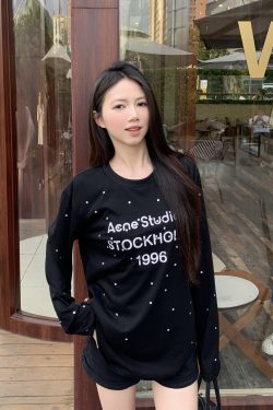 Rhinestone Letter Long Sleeve T-Shirt for Women - Loose Fit High Street Style Sun Protection Cover-Up Top