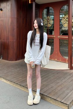 Rhinestone Letter Long Sleeve T-Shirt for Women - Loose Fit High Street Style Sun Protection Cover-Up Top