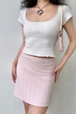 Ribbed Jacquard Lace Trim Short T-Shirt for Women - Sweet European and American Style, Summer Round Neck with Short Sleeves