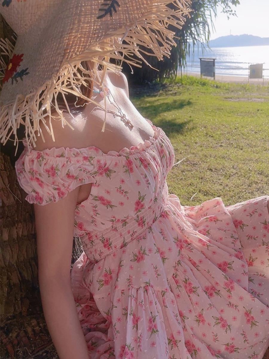 Romantic Floral Puff Sleeve Dress with French Square Neck - Handmade Hawaiian Style for Spring/Summer Vacation 2025 Romantic Floral Puff Sleeve Dress with French Square Neck - Handmade Hawaiian Style for Spring/Summer Vacation 2025
