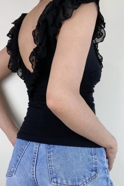 Romantic French Low-Neck Ruffled Backless Short Top for Women with Flutter Sleeves - Vacation Style Slim Fit Tank Top