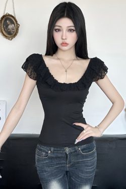 Romantic French Low-Neck Ruffled Backless Short Top for Women with Flutter Sleeves - Vacation Style Slim Fit Tank Top