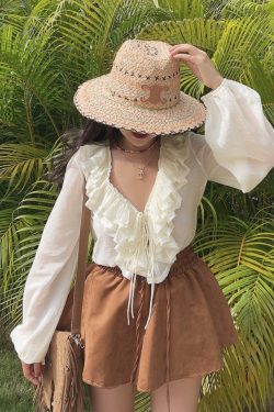 Romantic Multi-Layer Ruffled Tie-Sleeve Lantern Sleeve Fairy Vacation Shirt - Handmade Spring/Summer 2025 Fashion