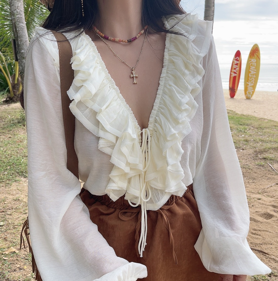 Romantic Multi-Layer Ruffled Tie-Sleeve Lantern Sleeve Fairy Vacation Shirt - Handmade Spring/Summer 2025 Fashion Romantic Multi-Layer Ruffled Tie-Sleeve Lantern Sleeve Fairy Vacation Shirt - Handmade Spring/Summer 2025 Fashion