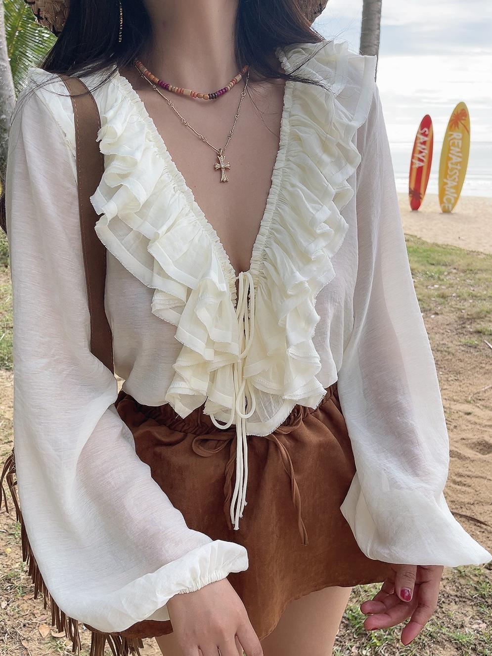 Romantic Multi-Layer Ruffled Tie-Sleeve Lantern Sleeve Fairy Vacation Shirt - Handmade Spring/Summer 2025 Fashion Romantic Multi-Layer Ruffled Tie-Sleeve Lantern Sleeve Fairy Vacation Shirt - Handmade Spring/Summer 2025 Fashion