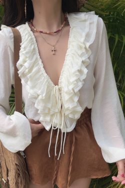 Romantic Multi-Layer Ruffled Tie-Sleeve Lantern Sleeve Fairy Vacation Shirt - Handmade Spring/Summer 2025 Fashion