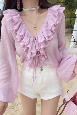 Romantic Multi-Layer Ruffled Tie-Sleeve Lantern Sleeve Fairy Vacation Shirt - Handmade Spring/Summer 2025 Fashion