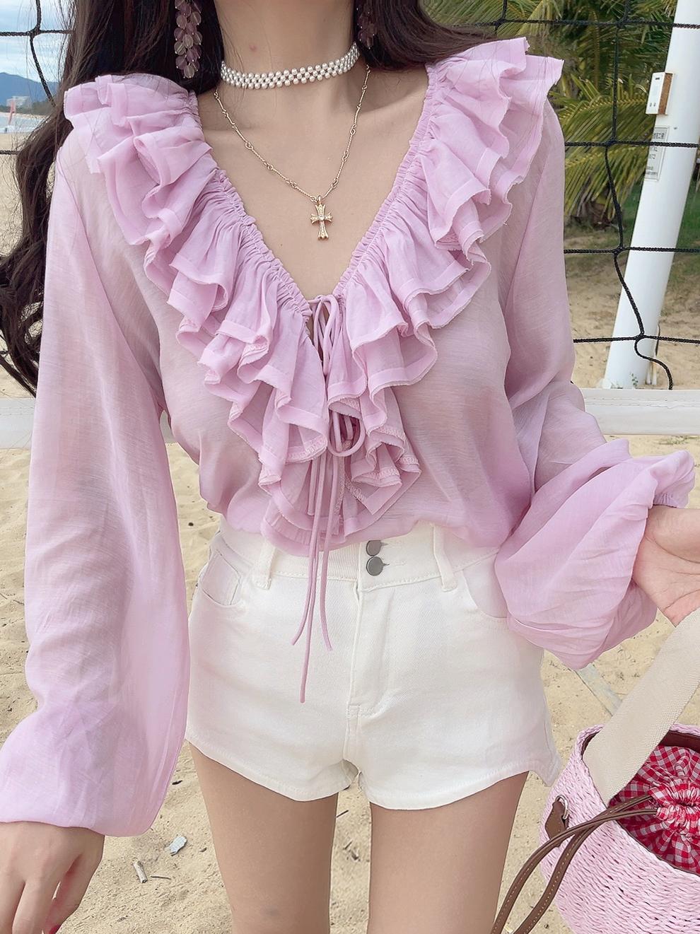 Romantic Multi-Layer Ruffled Tie-Sleeve Lantern Sleeve Fairy Vacation Shirt - Handmade Spring/Summer 2025 Fashion Romantic Multi-Layer Ruffled Tie-Sleeve Lantern Sleeve Fairy Vacation Shirt - Handmade Spring/Summer 2025 Fashion