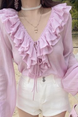 Romantic Multi-Layer Ruffled Tie-Sleeve Lantern Sleeve Fairy Vacation Shirt - Handmade Spring/Summer 2025 Fashion