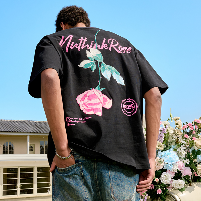 Rose Embroidery Heavyweight Short Sleeve T-Shirt - American Retro Loose Fit for Men and Women, 2025 Y2K Style Rose Embroidery Heavyweight Short Sleeve T-Shirt - American Retro Loose Fit for Men and Women, 2025 Y2K Style