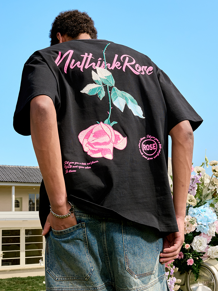 Rose Embroidery Heavyweight Short Sleeve T-Shirt - American Retro Loose Fit for Men and Women, 2025 Y2K Style Rose Embroidery Heavyweight Short Sleeve T-Shirt - American Retro Loose Fit for Men and Women, 2025 Y2K Style
