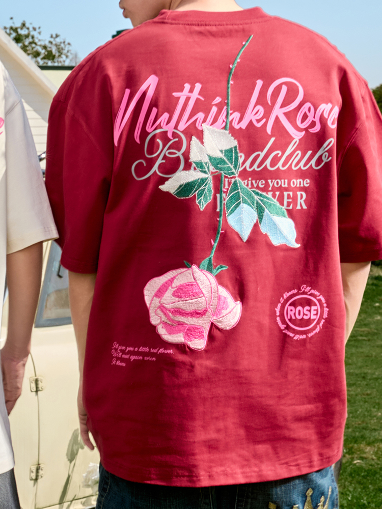 Rose Embroidery Heavyweight Short Sleeve T-Shirt - American Retro Loose Fit for Men and Women, 2025 Y2K Style Rose Embroidery Heavyweight Short Sleeve T-Shirt - American Retro Loose Fit for Men and Women, 2025 Y2K Style