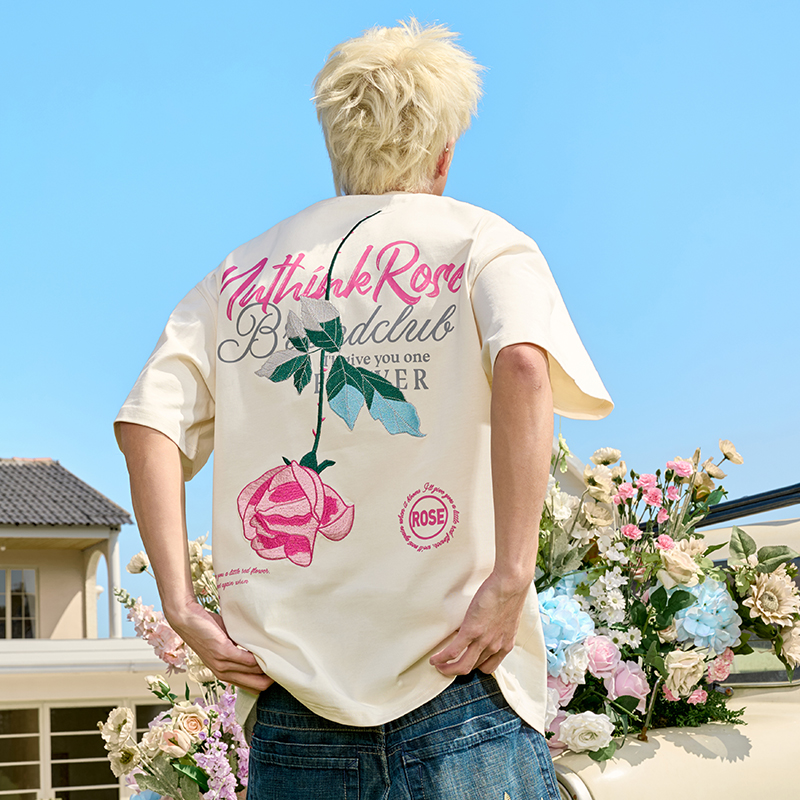 Rose Embroidery Heavyweight Short Sleeve T-Shirt - American Retro Loose Fit for Men and Women, 2025 Y2K Style Rose Embroidery Heavyweight Short Sleeve T-Shirt - American Retro Loose Fit for Men and Women, 2025 Y2K Style