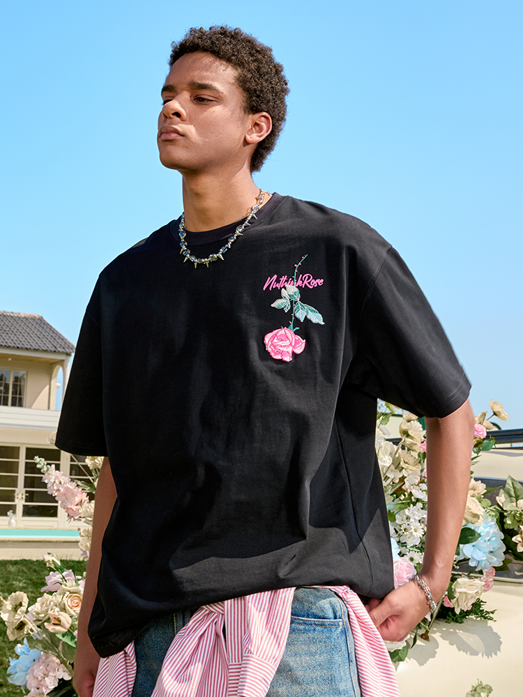 Rose Embroidery Heavyweight Short Sleeve T-Shirt - American Retro Loose Fit for Men and Women, 2025 Y2K Style Rose Embroidery Heavyweight Short Sleeve T-Shirt - American Retro Loose Fit for Men and Women, 2025 Y2K Style
