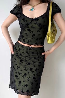 Rose Mesh Short Sleeve Top & Bodycon Skirt Two-Piece Set - Women's European American Style Fashion, Perfect for Y2K & 90s Vibes