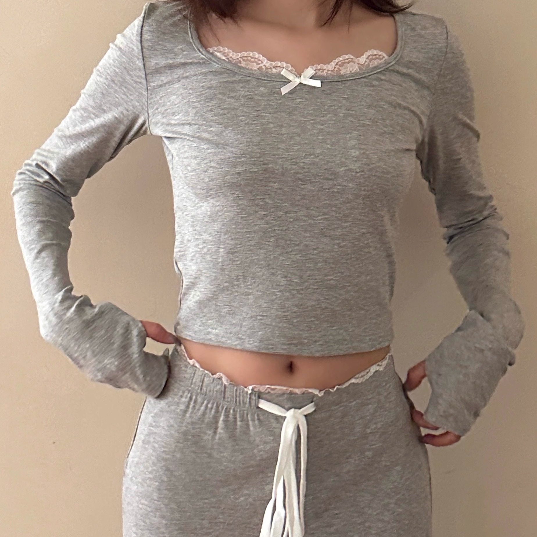 Round Neck Lace Long Sleeve Top & Straight Leg Trousers Slim Fit Set for Women - 2025 Spring Fashion, Elegant Style Round Neck Lace Long Sleeve Top & Straight Leg Trousers Slim Fit Set for Women - 2025 Spring Fashion, Elegant Style