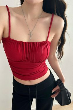 Ruched Solid Color Versatile Camisole Top for Women with Chest Pads, Elastic Slim Fit, Flattering Y2K Style Fashion Top