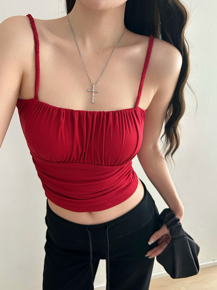 Ruched Solid Color Versatile Camisole Top for Women with Chest Pads, Elastic Slim Fit, Flattering Y2K Style Fashion Top Ruched Solid Color Versatile Camisole Top for Women with Chest Pads, Elastic Slim Fit, Flattering Y2K Style Fashion Top
