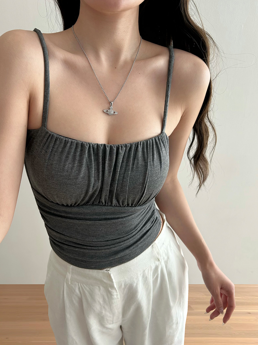 Ruched Solid Color Versatile Camisole Top for Women with Chest Pads, Elastic Slim Fit, Flattering Y2K Style Fashion Top Ruched Solid Color Versatile Camisole Top for Women with Chest Pads, Elastic Slim Fit, Flattering Y2K Style Fashion Top