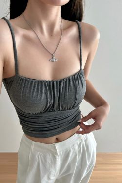 Ruched Solid Color Versatile Camisole Top for Women with Chest Pads, Elastic Slim Fit, Flattering Y2K Style Fashion Top